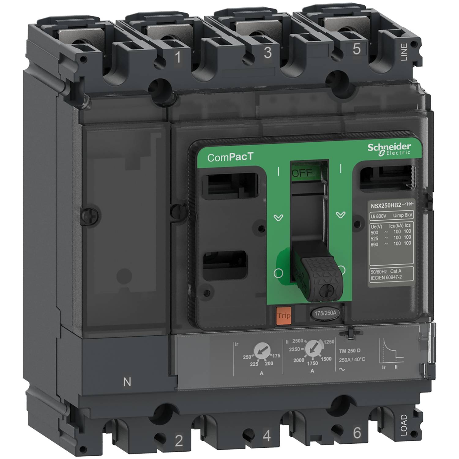 Disjoncteur de la marque Schneider Electric, modèle ComPacT avec bouton vert et spécifications techniques illustrées sur le côté.