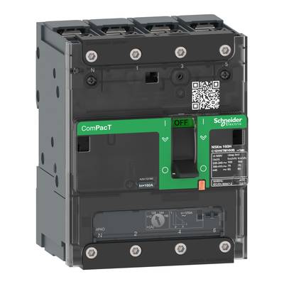 Disjoncteur de Schneider Electric, modèle ComPacT NSXm, en position 'OFF', avec code QR et informations techniques sur l'étiquette.