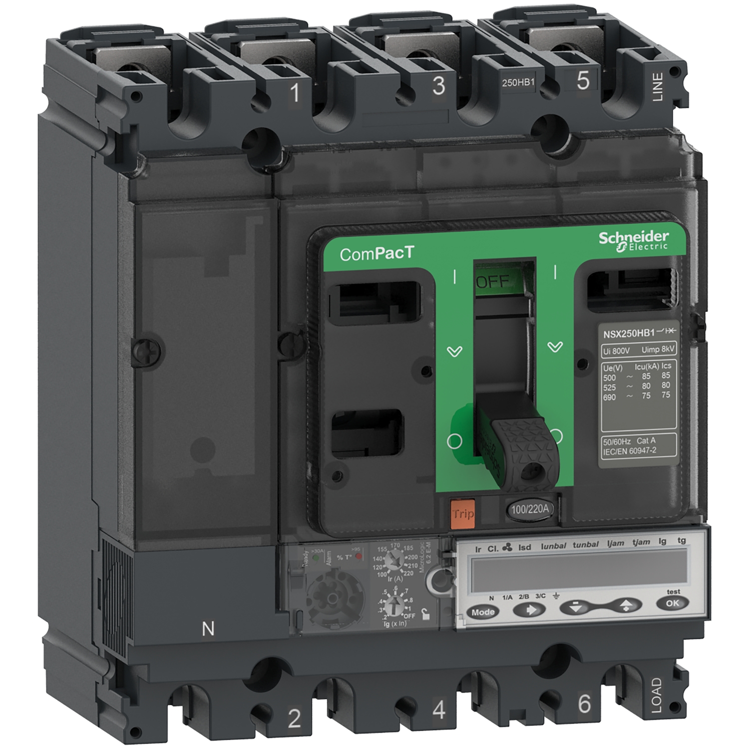Disjoncteur de Schneider Electric, modèle ComPacT, avec levier vert en position 'OFF' et informations produit sur la face avant.