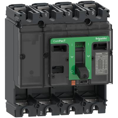 Un disjoncteur noir et vert de Schneider Electric avec des étiquettes indiquant l'intensité du courant et les données de puissance.
