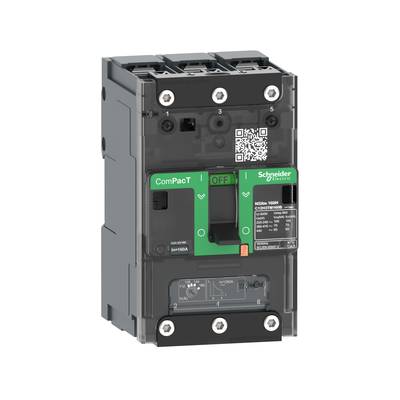 Un disjoncteur tripolaire de Schneider Electric, noir et vert, portant les inscriptions 'ComPacT' et 'Schneider Electric'.