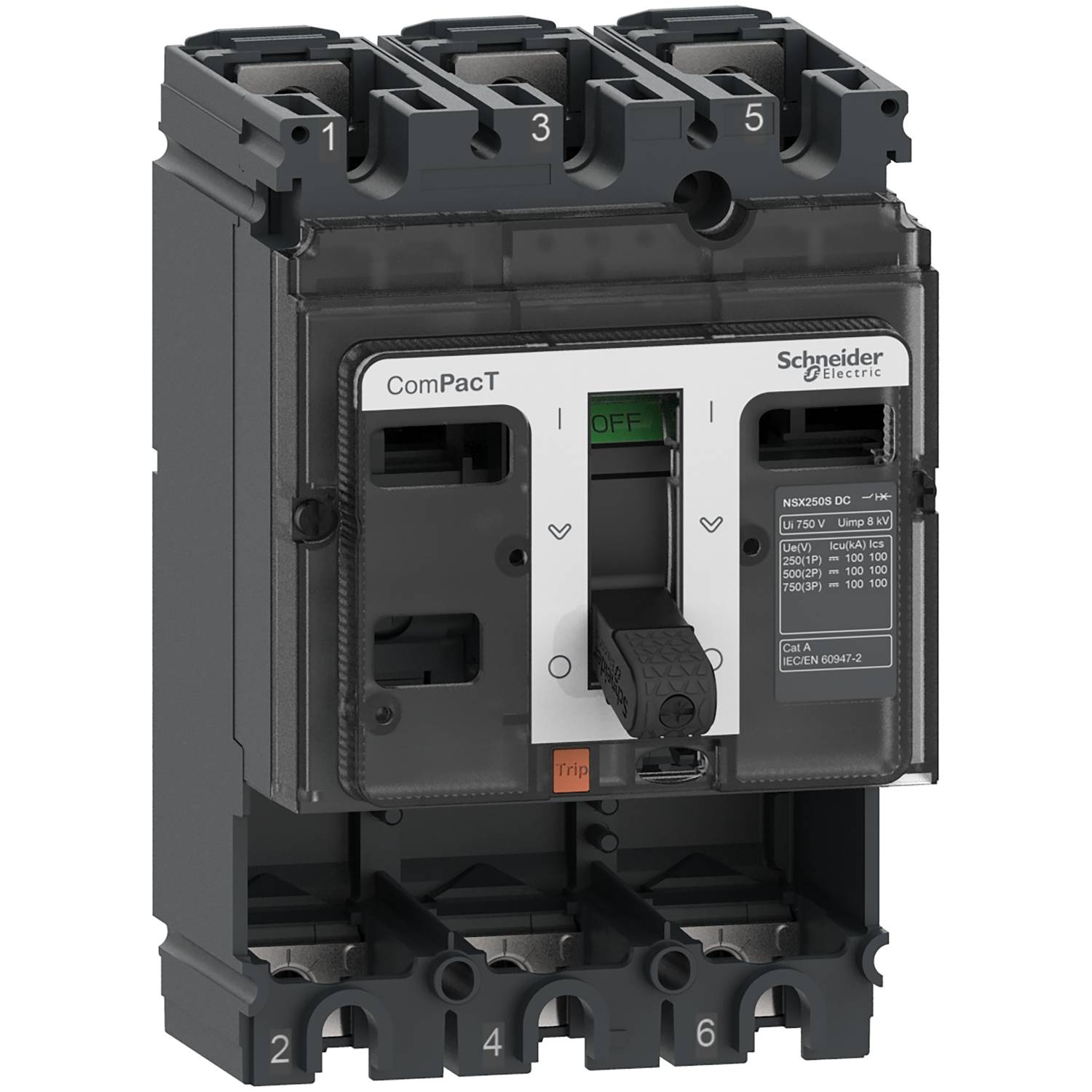 Un disjoncteur noir de marque Schneider Electric, modèle 'ComPacT', avec des marquages numériques de 1 à 6.