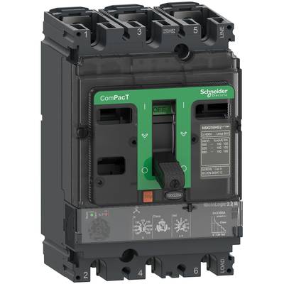 Disjoncteur industriel de Schneider Electric, modèle ComPacT NXS250H2, indiquant la position 'OFF' en vert. Contient des détails techniques sur l'intensité du courant et la tension.