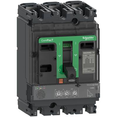 Un disjoncteur vert de Schneider Electric portant l'inscription 'ComPacT' avec des spécifications techniques sur sa face avant.