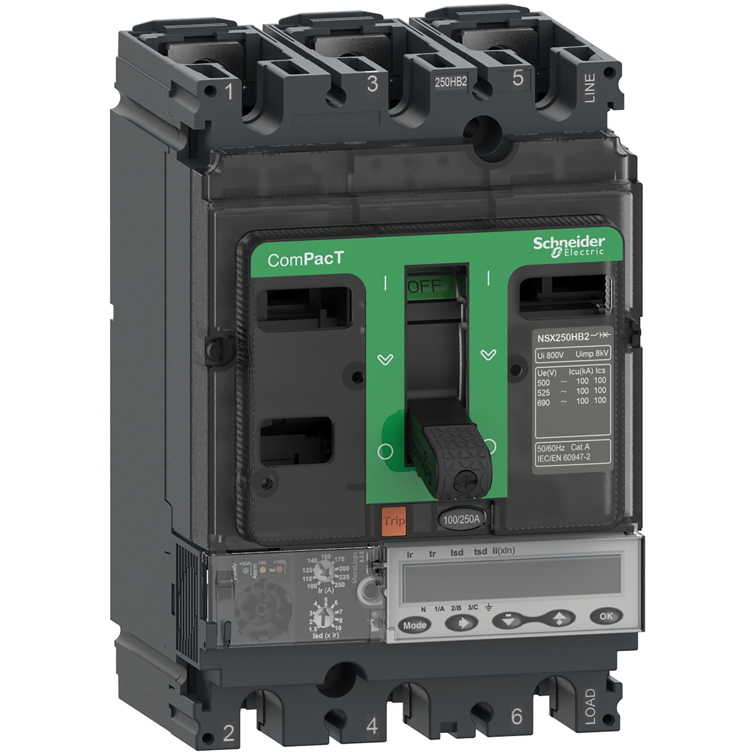 Disjoncteur de Schneider Electric, modèle ComPacT NSX250, avec levier vert et indicateur ON/OFF. Utilisé dans les armoires électriques.