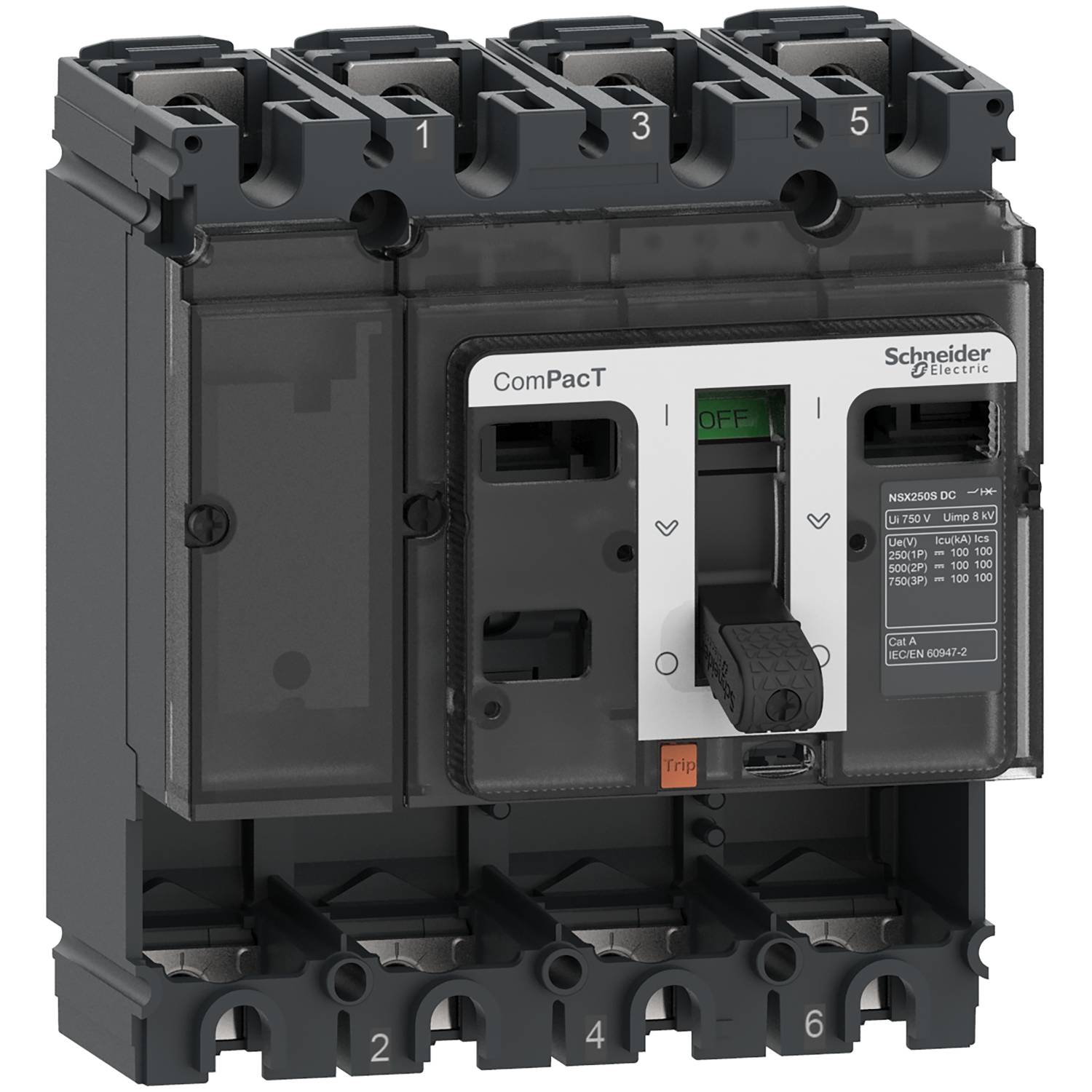 Disjoncteur électrique, noir, avec levier de commande vert et rouge, portant l'inscription 'Schneider Electric', modèle 'ComPacT'.