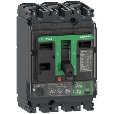 Disjoncteur de Schneider Electric, type 'ComPacT NSX250H'. Noir avec levier vert, spécifications techniques imprimées.