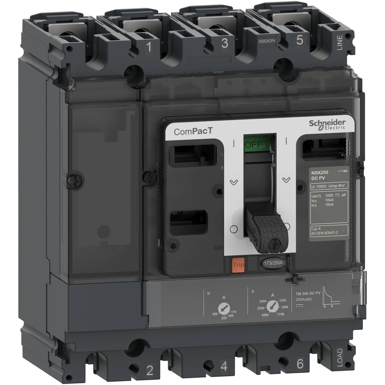Disjoncteur de Schneider Electric avec commutateur vert 'ON' et rouge 'OFF', modèle ComPacT NSX100.