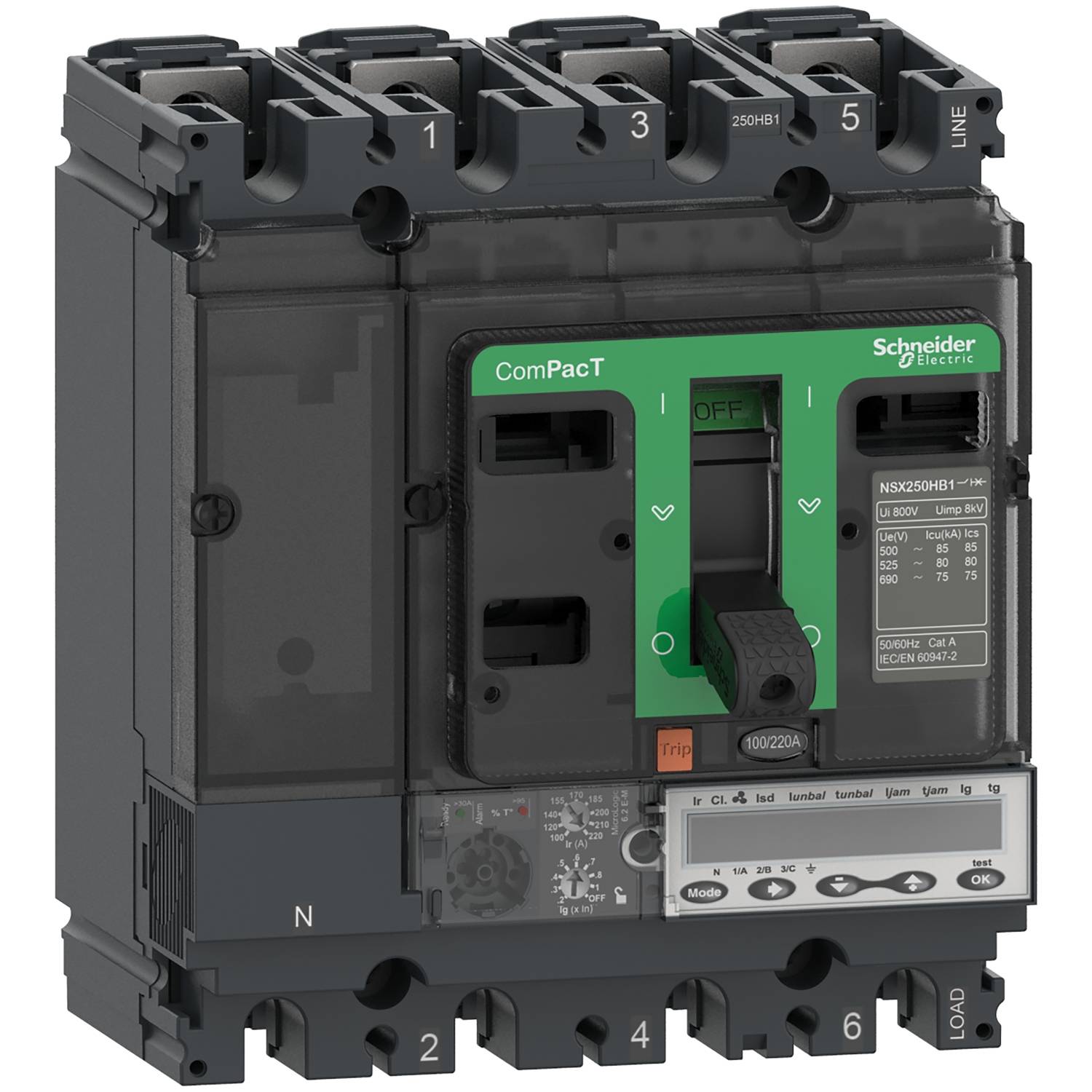 Un disjoncteur de Schneider Electric, modèle Compact NSX, affiche son état de commutation et ses spécifications techniques sur sa face avant.