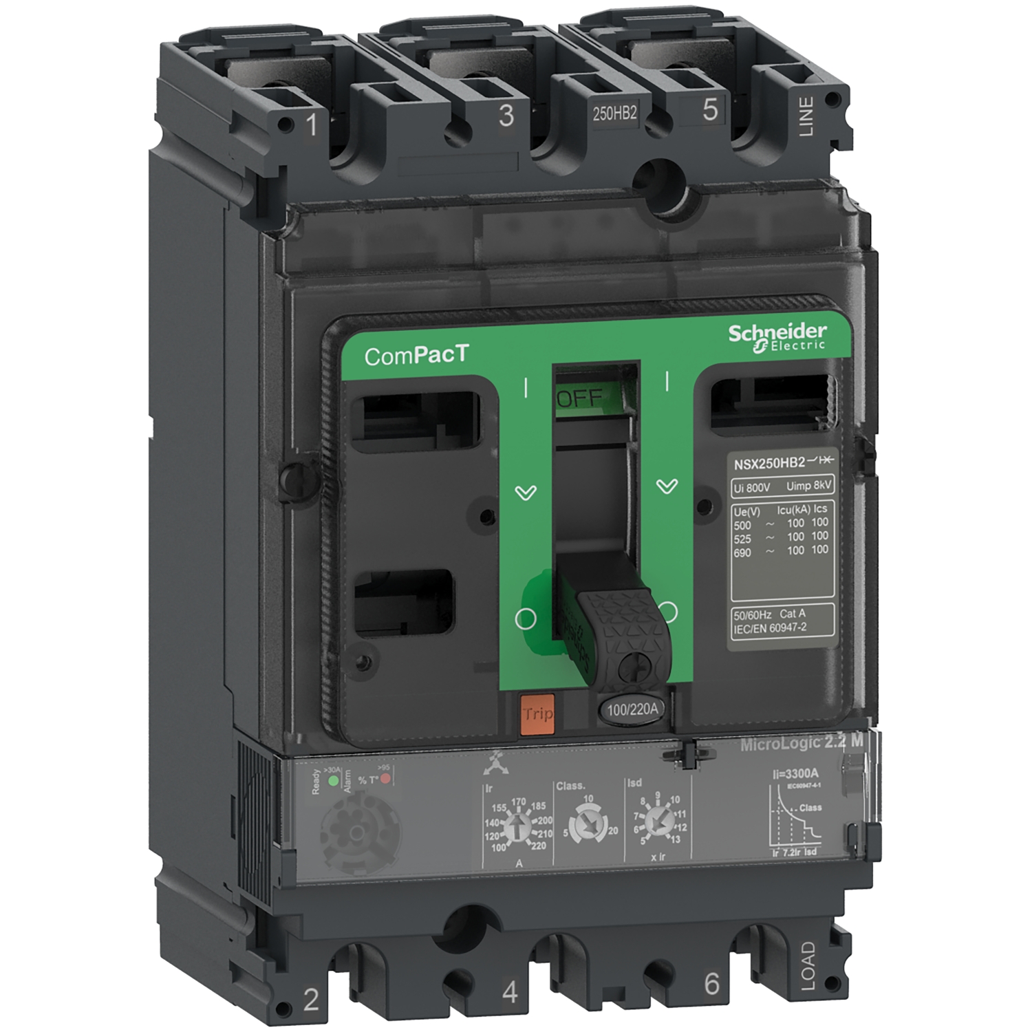 Un disjoncteur électrique noir avec un levier vert et différentes indications techniques sur sa façade.