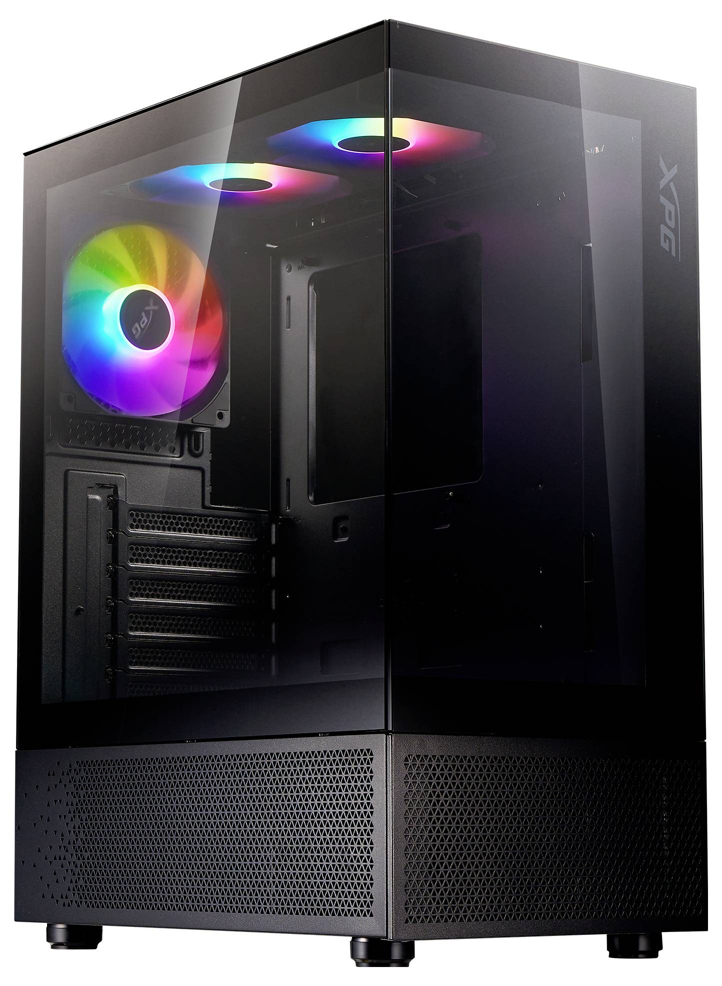 Un boîtier PC noir avec un panneau avant transparent et un éclairage RGB à l'intérieur, idéal pour les configurations de gaming.
