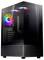 Un boîtier PC noir avec un panneau avant transparent et un éclairage RGB à l'intérieur, idéal pour les configurations de gaming.