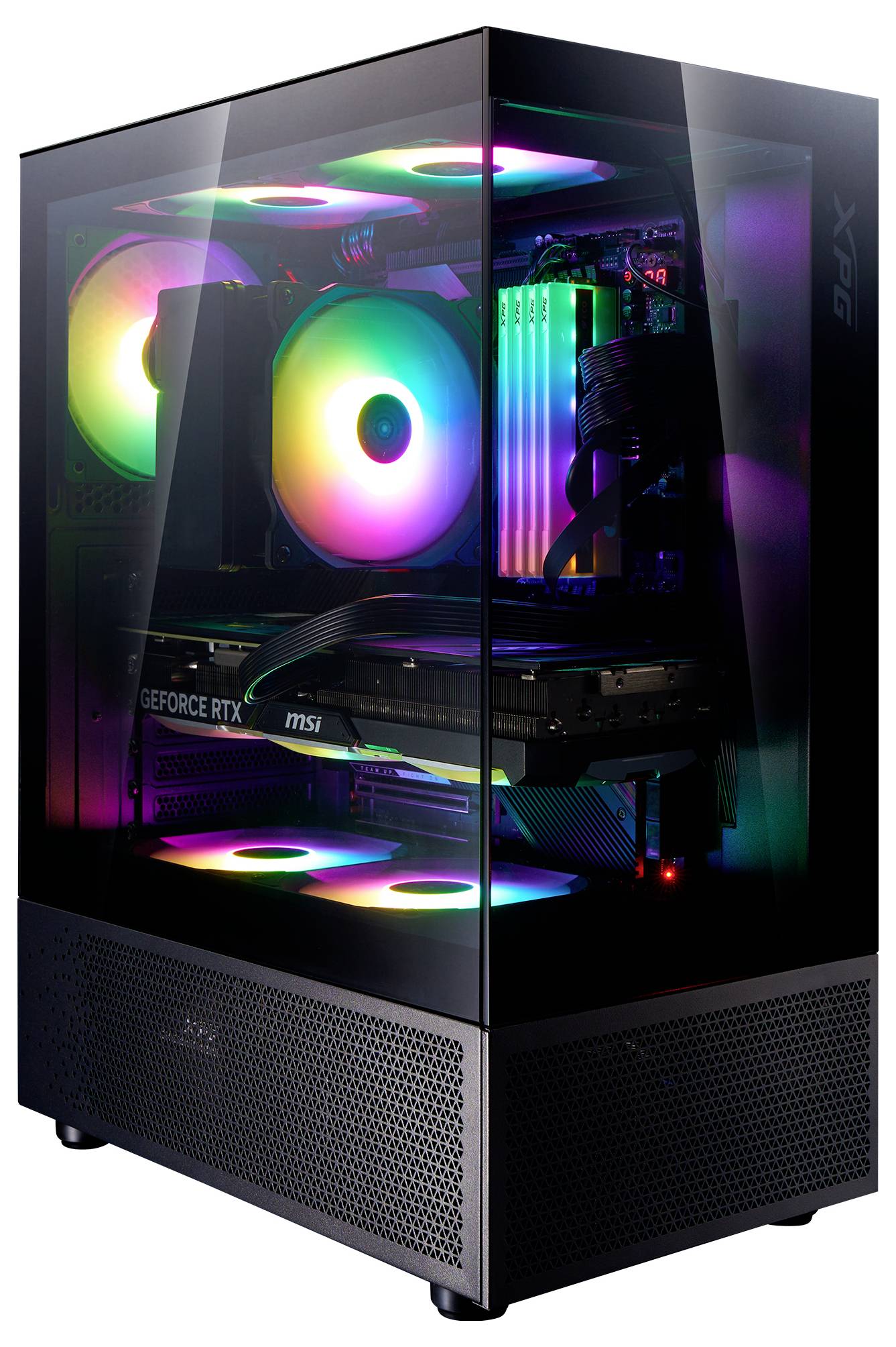 Un PC gaming avec un boîtier en verre montre à l'intérieur un éclairage RGB coloré, des ventilateurs de refroidissement et du matériel informatique, y compris une carte graphique.