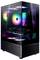 Un PC gaming avec un boîtier en verre montre à l'intérieur un éclairage RGB coloré, des ventilateurs de refroidissement et du matériel informatique, y compris une carte graphique.