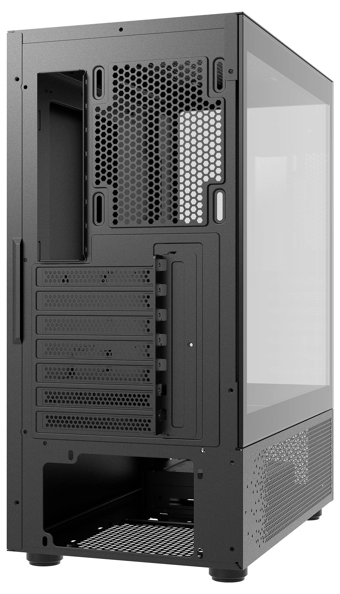 Boîtier PC noir avec panneau latéral en verre, plusieurs fentes de ventilation et sept emplacements d'extension à l'arrière.