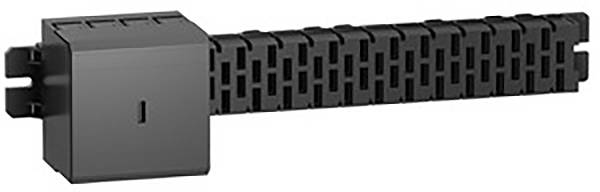 Un composant en plastique noir avec un boîtier rectangulaire et une extension droite striée.
