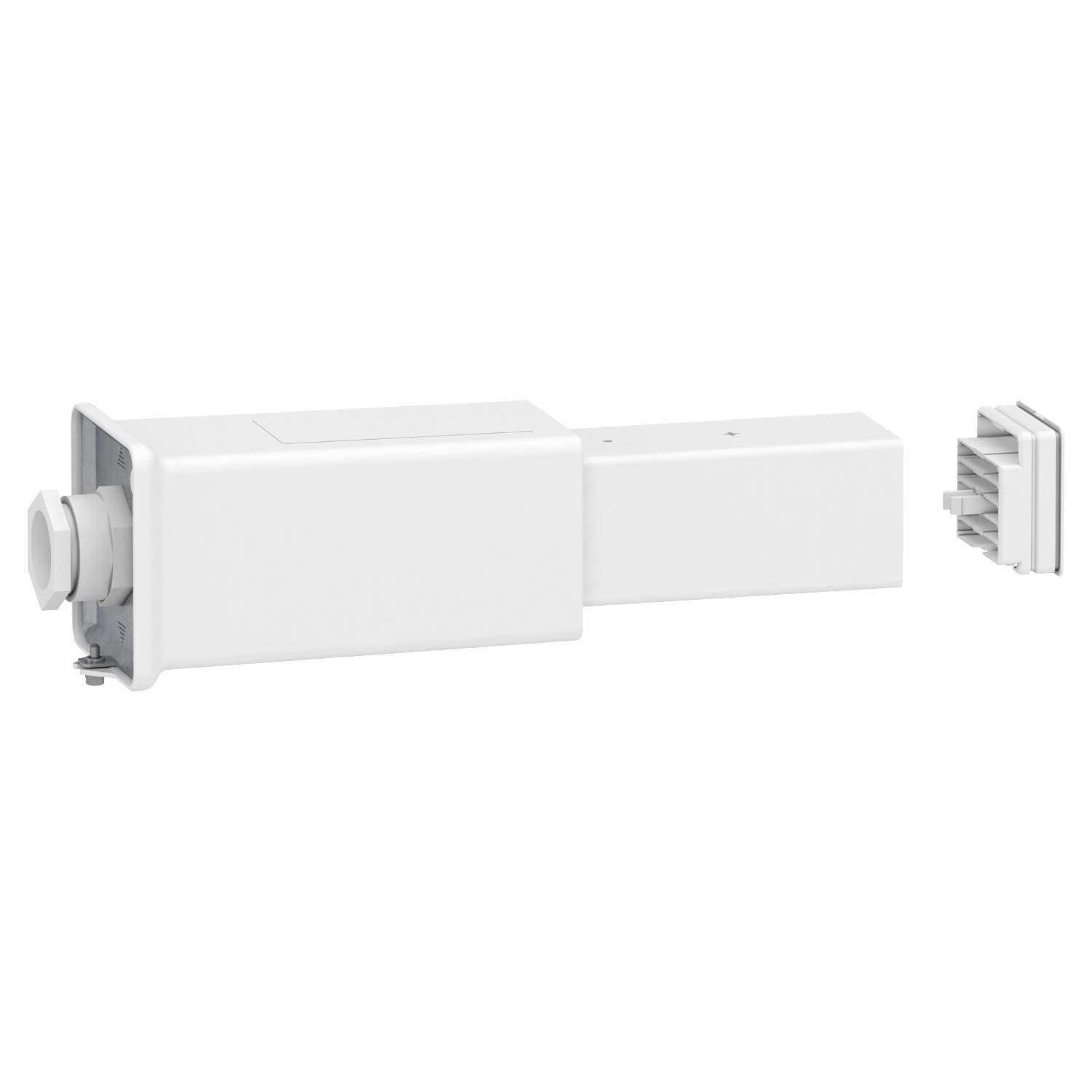 Un boîtier rectangulaire blanc avec une partie amovible, probablement un boîtier pour un composant électronique ou un support.