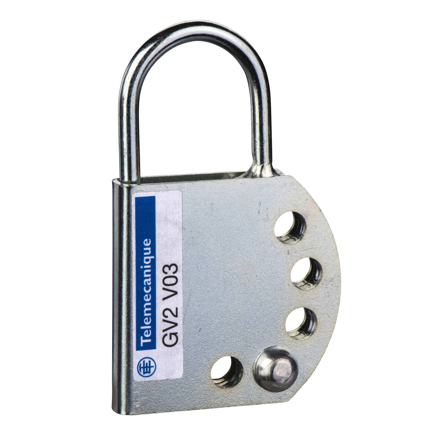 Un cadenas métallique avec trois trous ronds sur la plaque. L'étiquette 'Telemecanique GV2 V03' est apposée sur le côté.