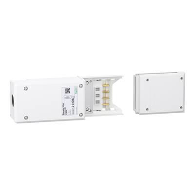 Boîtier électrique blanc avec des connexions internes visibles, divisé en deux parties. Adapté pour le câblage électrique.