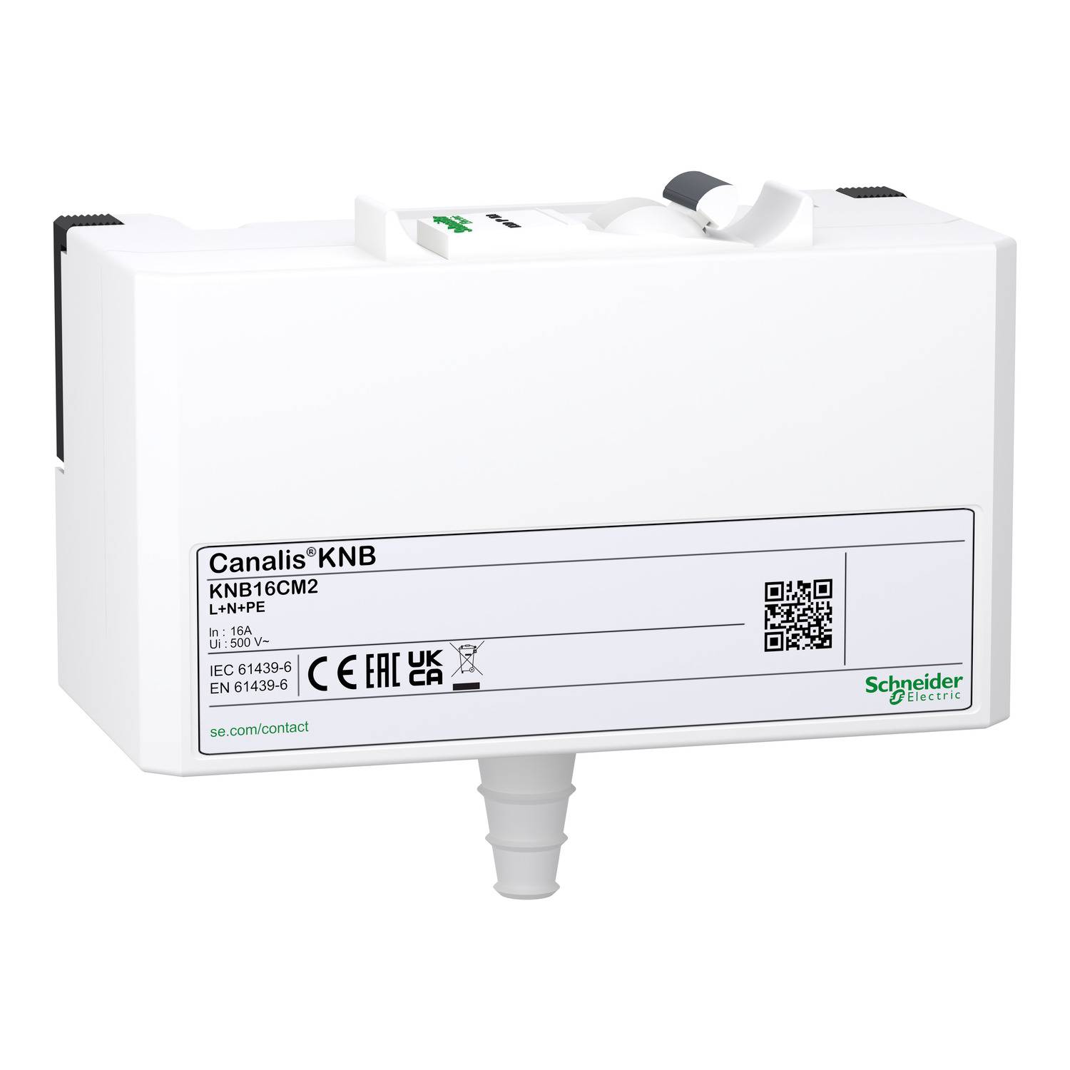 Un appareil rectangulaire blanc de Schneider Electric avec une étiquette libellée, un code QR et des symboles de conformité sur la face avant.