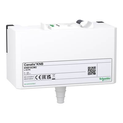 Un appareil rectangulaire blanc de Schneider Electric avec une étiquette libellée, un code QR et des symboles de conformité sur la face avant.