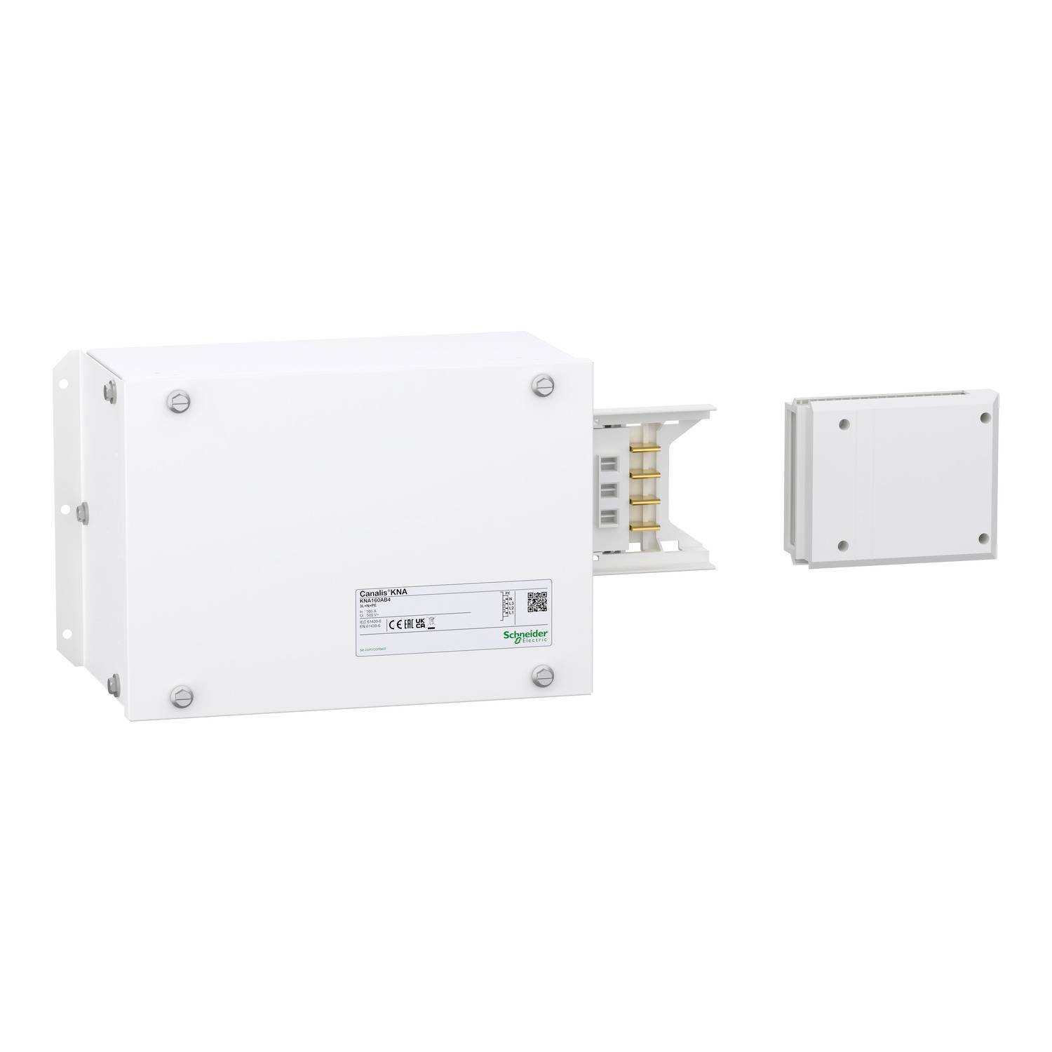 Un boîtier électrique blanc de distribution et de raccordement de la marque Schneider Electric avec son couvercle ouvert, laissant apparaître les connexions.