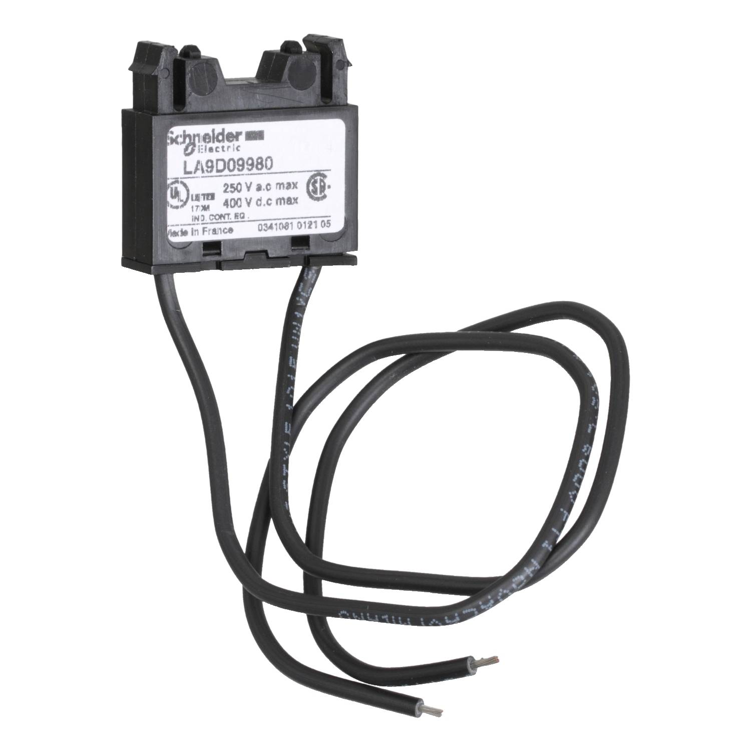 Un composant électrique avec deux câbles noirs et une étiquette portant des spécifications techniques.