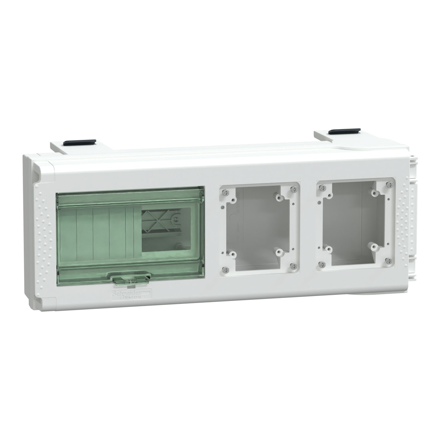 Boîte de dérivation électrique blanche avec un couvercle transparent vert à gauche et trois emplacements vides à droite, adaptée aux composants de commutation.
