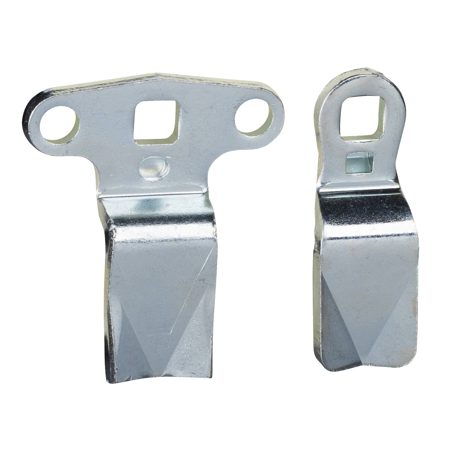 Deux supports métalliques, côte à côte. Ils présentent des formes différentes et sont pourvus de trous de fixation.