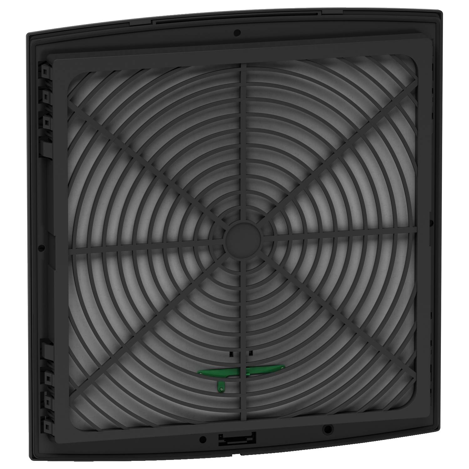 Un filtre de ventilation gris avec un cadre carré et des lamelles courbées dans un boîtier noir.