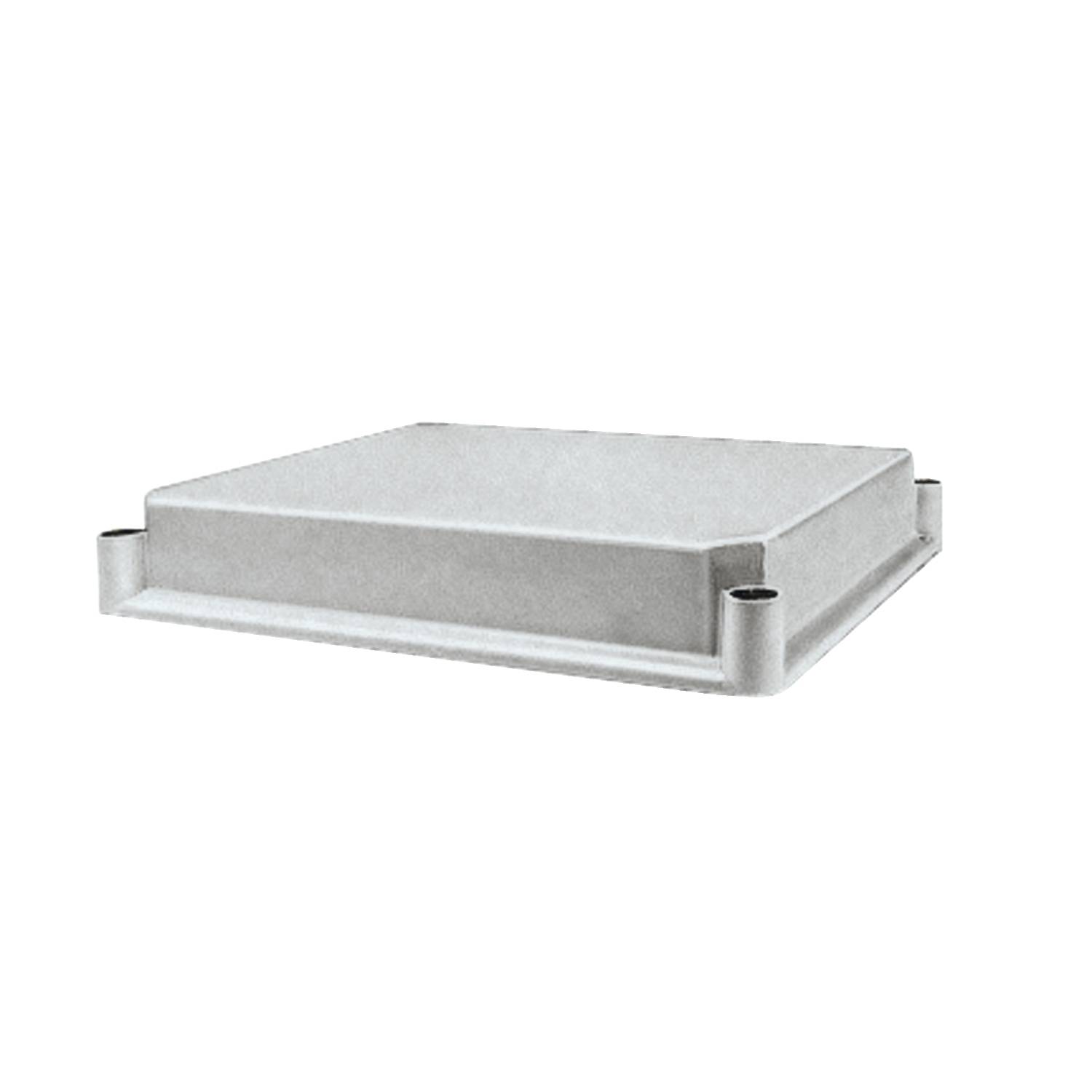 Un boîtier métallique rectangulaire et plat, doté de dispositifs de fixation à vis dans les coins, probablement un composant d'un appareil électronique.