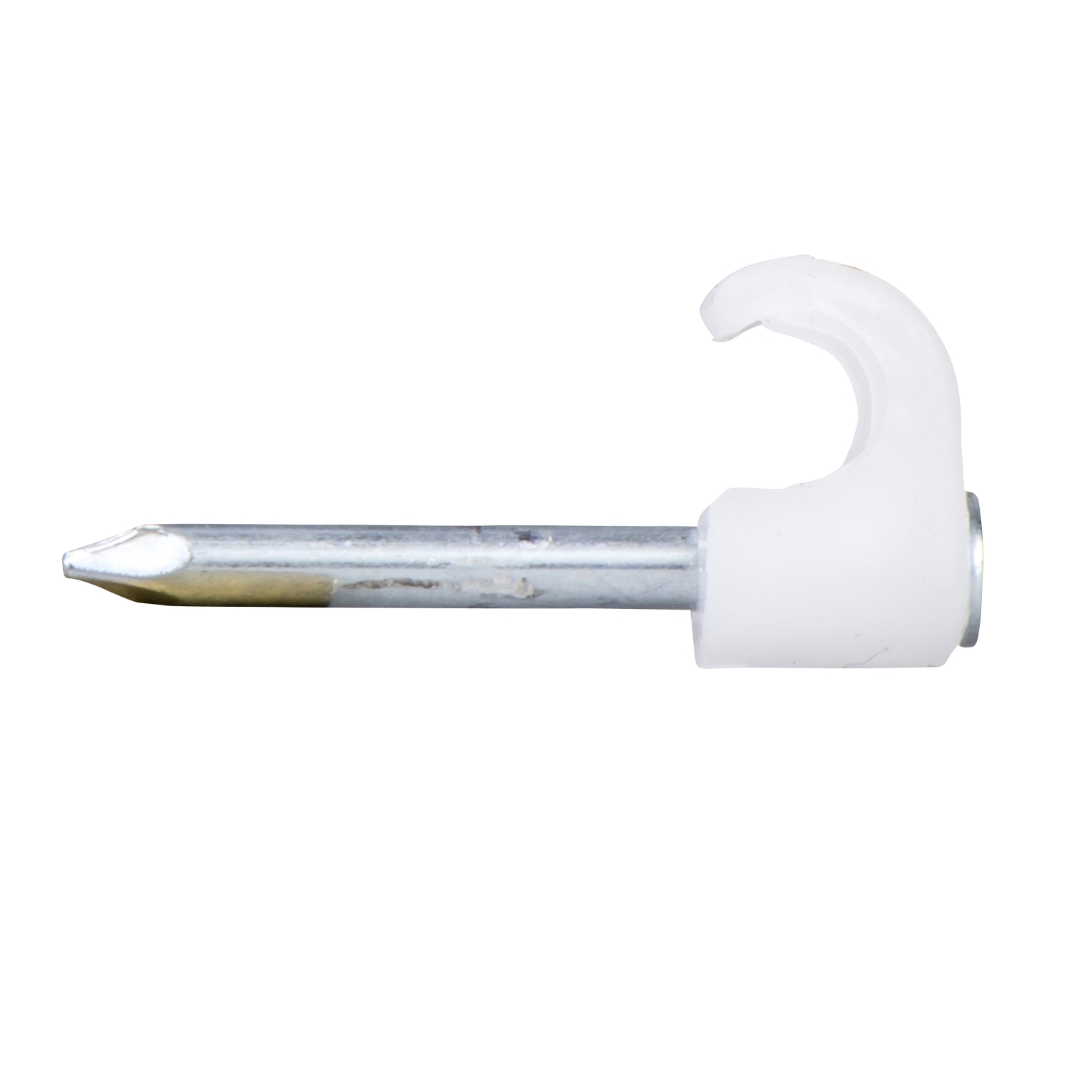 Attache-câble à clou, utilisée pour fixer des câbles aux murs ou à d'autres surfaces.