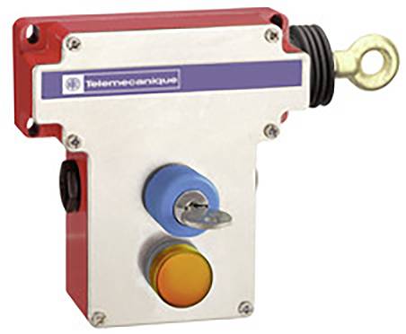 Un bouton d'arrêt d'urgence Telemecanique avec bouton-poussoir jaune et bouton rotatif bleu, monté sur un boîtier métallique.