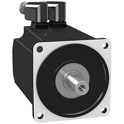 Un moteur électrique noir avec un arbre en métal et deux bornes électriques en haut. Adapté pour des applications industrielles.