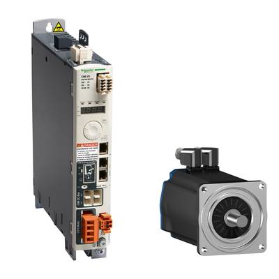 Un servo-entraînement et un servomoteur de Schneider Electric. L'entraînement est représenté à gauche, le moteur à droite.