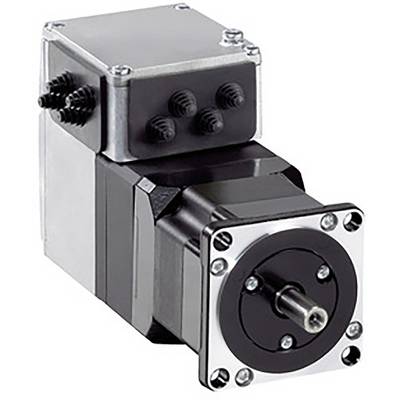 Un moteur électrique avec un boîtier rectangulaire et un arbre visible. Quatre bornes de connexion sont situées en haut du boîtier.