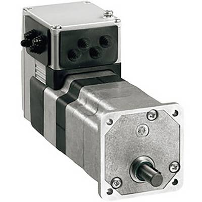 Un moteur électrique avec un boîtier rectangulaire et un arbre cylindrique à l'avant, adapté aux applications industrielles.