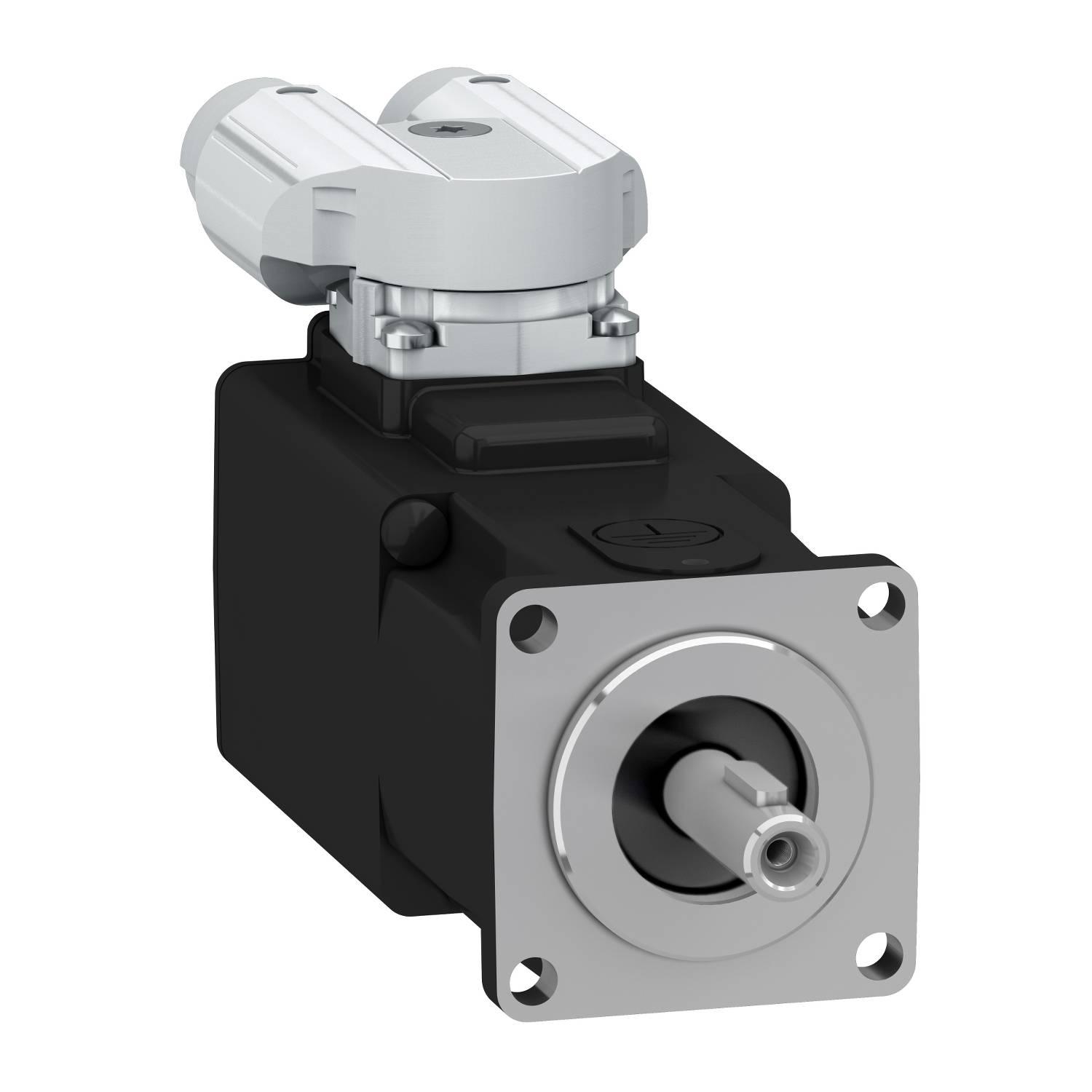 Un moteur servo électrique avec boîtier métallique et câble de connexion. Forme rectangulaire avec raccordement cylindrique à l'avant.