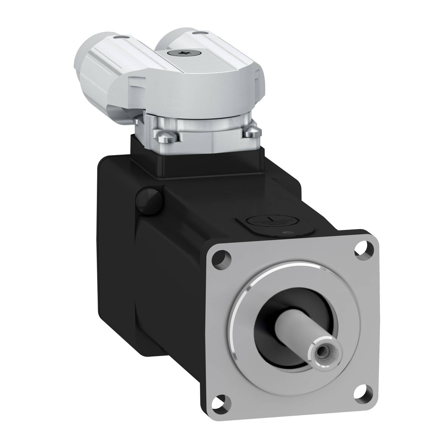 Moteur servo triphasé avec boîte de connexion argentée et boîtier noir. Convient aux applications de contrôle précis.