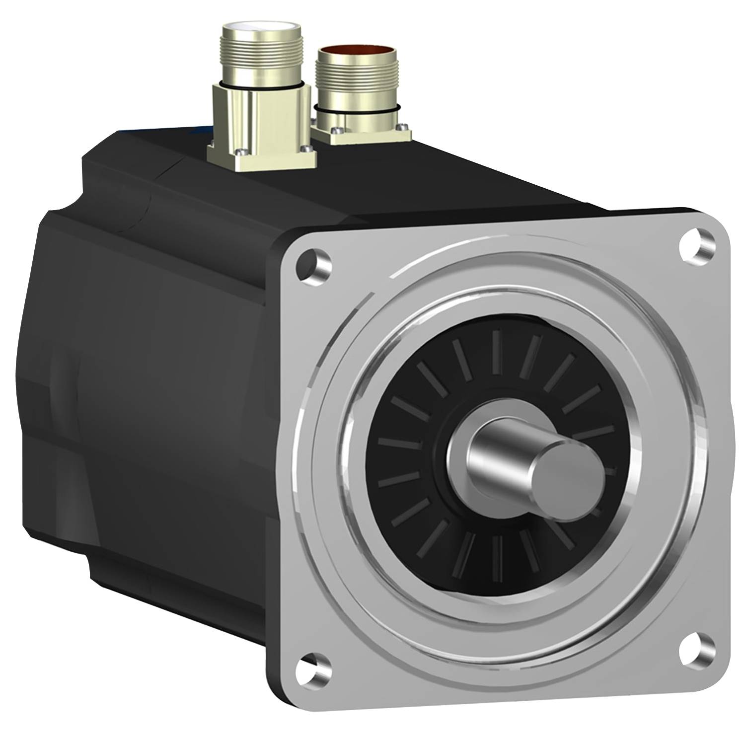 Un moteur électrique noir avec deux connexions enfichables et un raccord métallique à l'avant, sur un fond blanc.