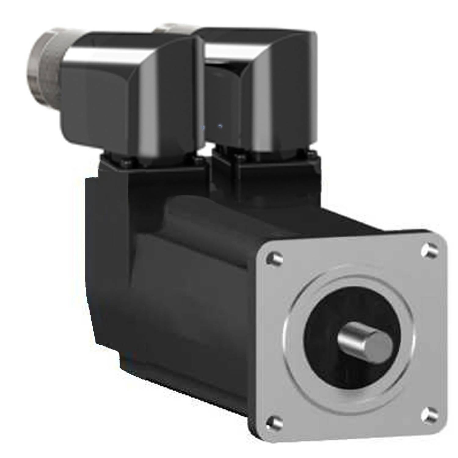 Un moteur électrique noir à deux bornes, monté sur une base grise.