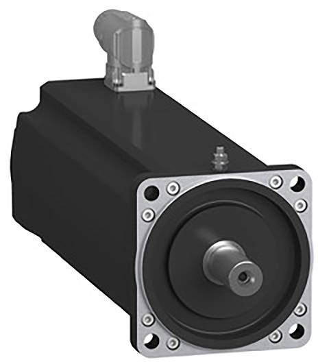 Un moteur électrique noir avec une plaque de fixation argentée et une connexion supérieure.