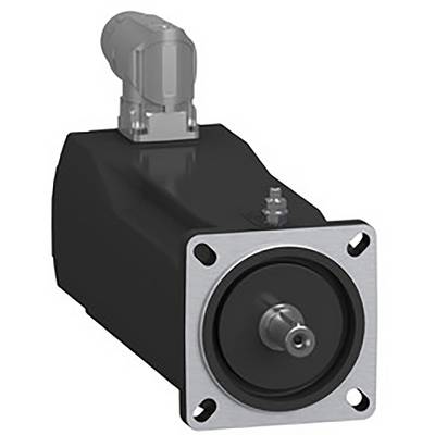 Moteur électrique en noir avec connexion en haut ; plaque frontale rectangulaire avec quatre trous de vis pour la fixation.