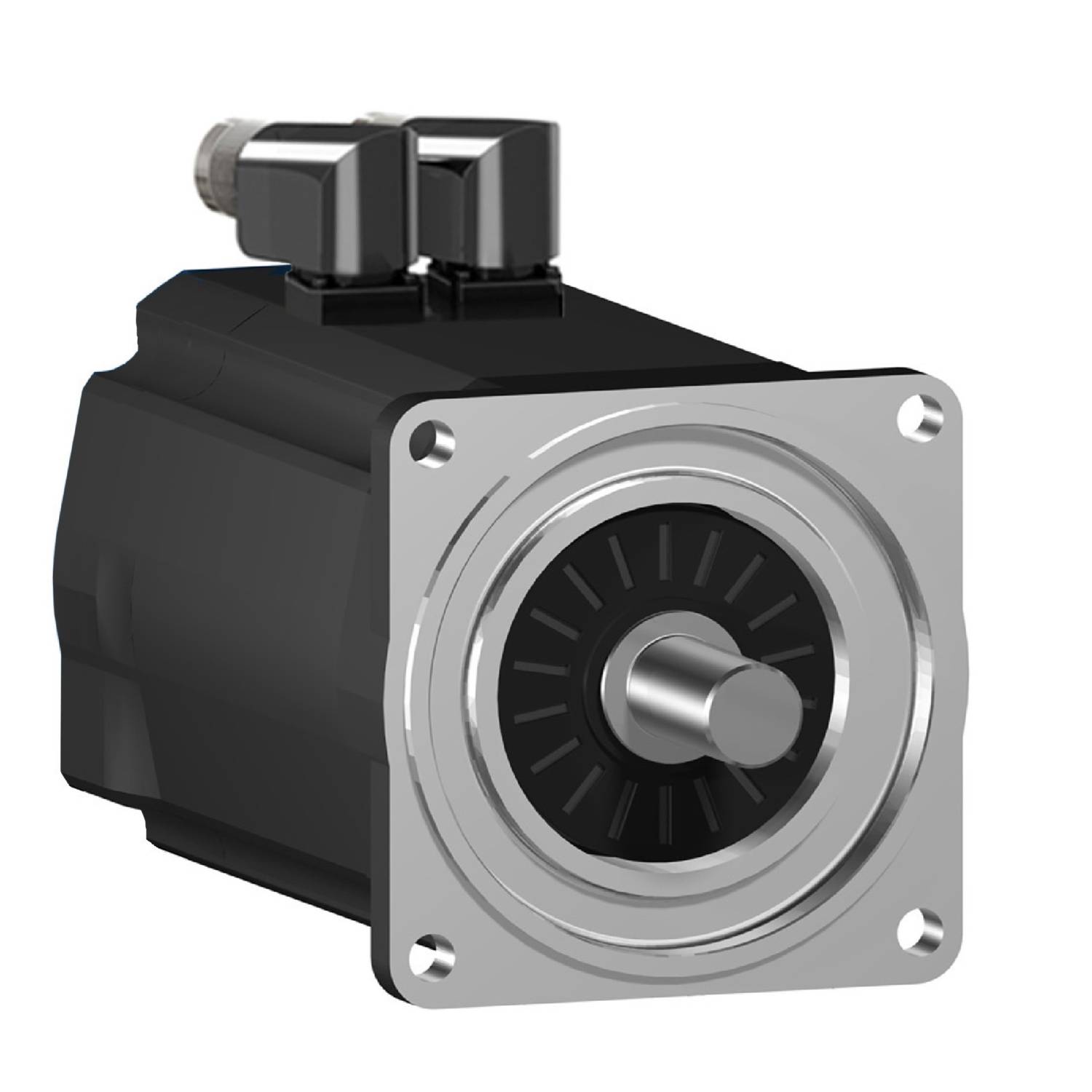 Un moteur électrique avec une plaque frontale carrée et un arbre central. Deux connexions de câbles sont situées en haut.