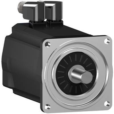 Un moteur électrique noir avec une plaque frontale argentée et un axe visible. Deux bornes de connexion sont installées en haut.