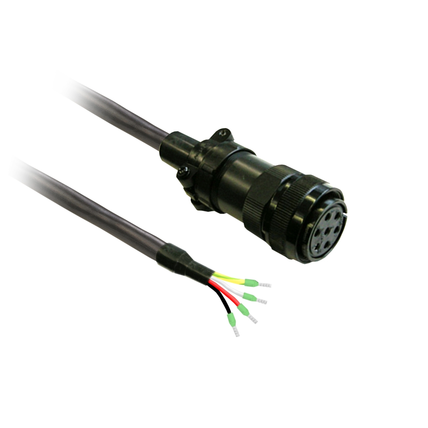 Fiche noire multipolaire avec plusieurs câbles de couleurs différentes sortant d'une extrémité. Adaptée pour les connexions électriques.