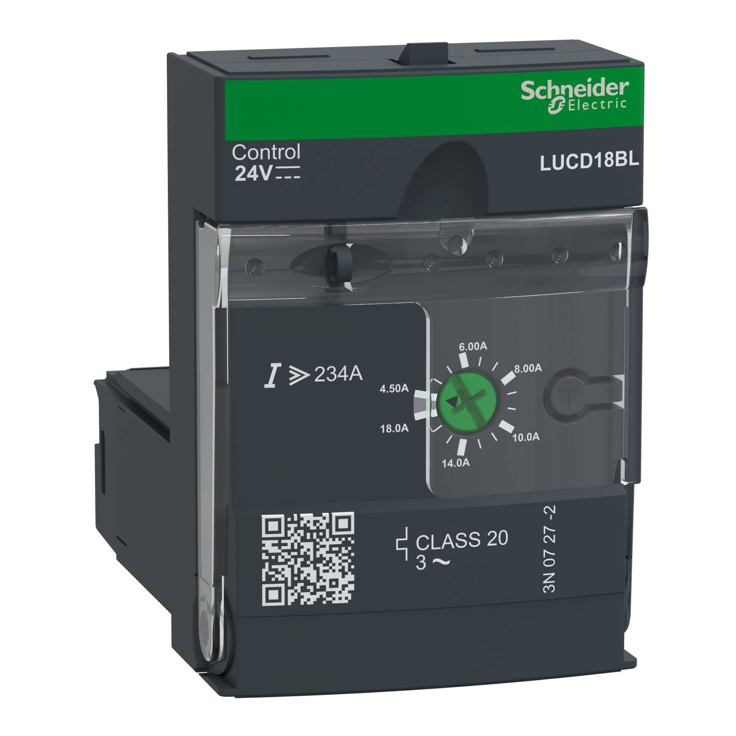 Un appareil électronique portant l'inscription 'Schneider Electric'. Il affiche des réglages d'intensité de courant allant de 4,5A à 6,00A et un code QR.