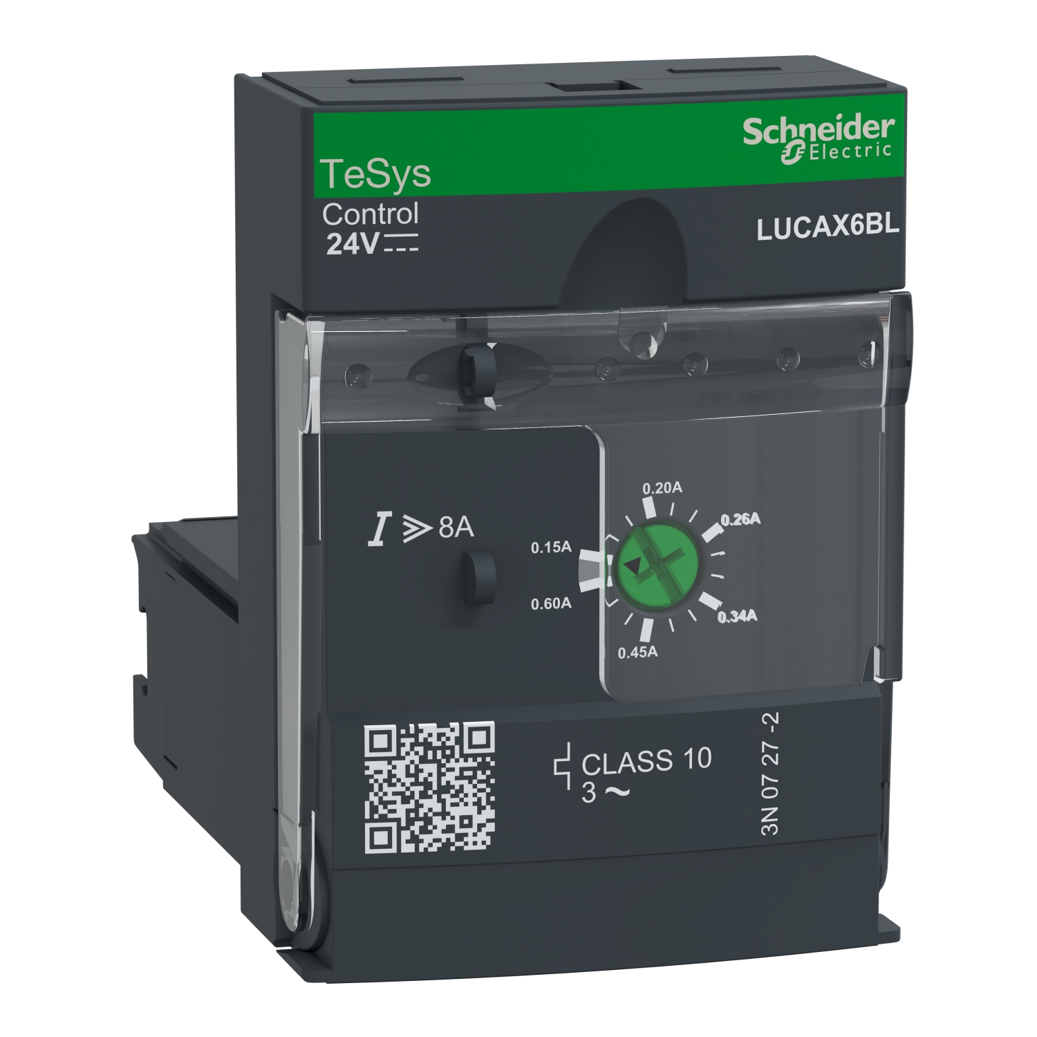 'Schneider Electric TeSys Control disjoncteur 24V, CLASSE 10. Le graphique montre le bouton de commande et le code QR sur la face avant.'