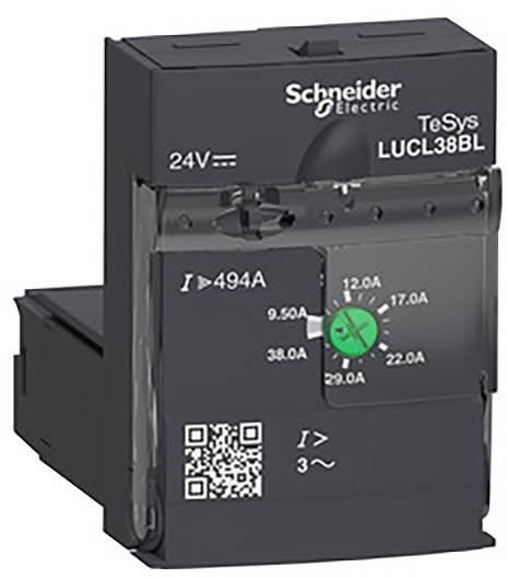 'Schneider Electric TeSys LUCL38BL' : Appareil noir avec affichage des spécifications électriques, comprenant les variations de l'intensité du courant.