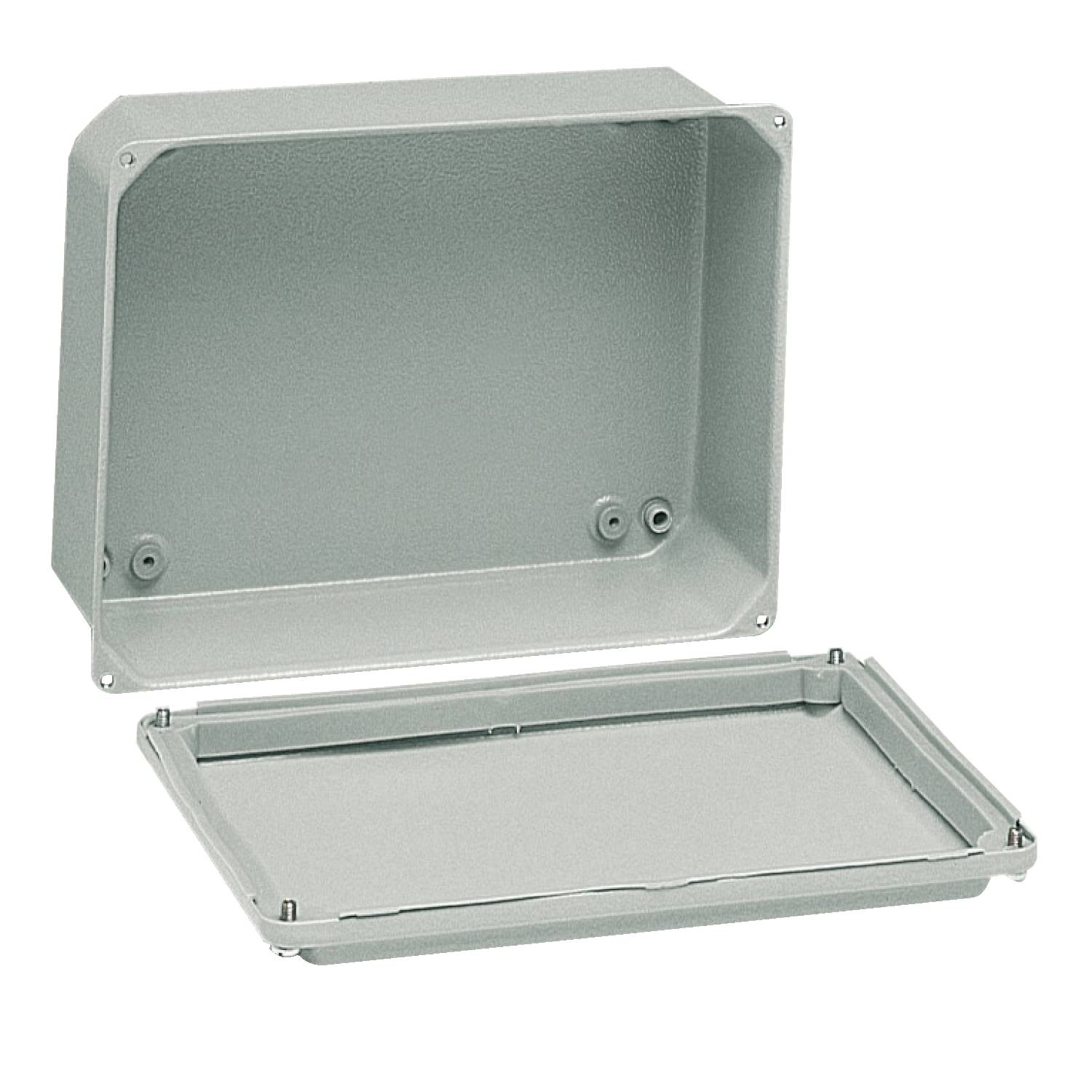 Boîte rectangulaire en plastique gris-beige avec couvercle amovible, adaptée pour boîtiers électroniques.